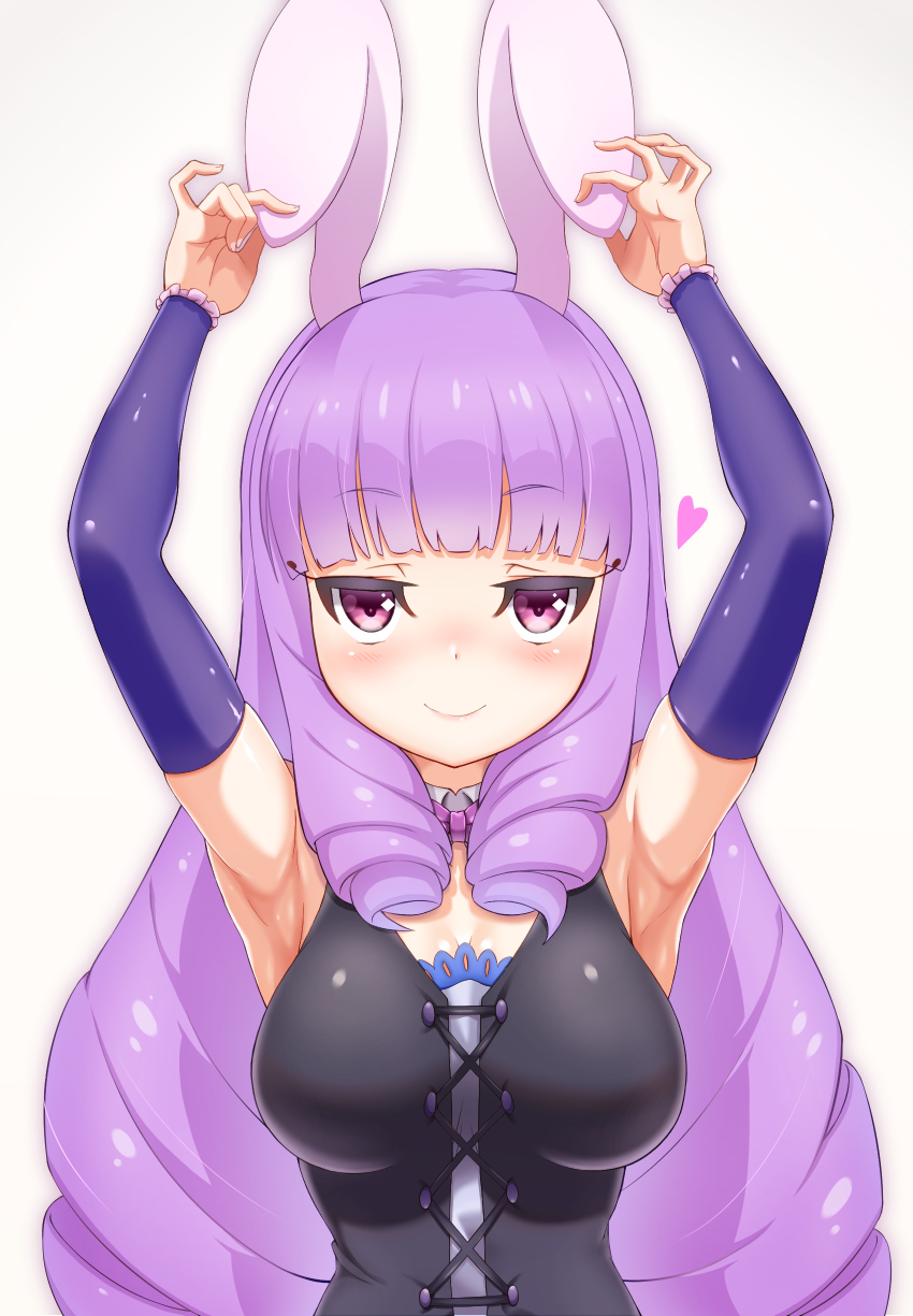 1girl, animal_ears, armpits, arms_up, bangs, blunt_bangs, chuchu_(show_by_rock!!), cross-laced_clothes, detached_sleeves, heart, highres, long_hair, looking_at_viewer, purple_hair, rabbit_ears, ringlets, show_by_rock!!, smile, solo, ten_piboshi, upper_body, violet_eyes