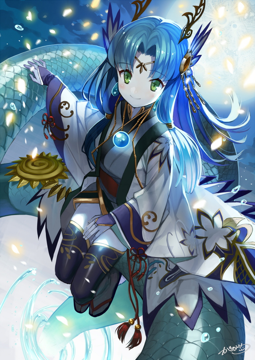 1girl, black_legwear, blue_hair, blush, bridal_gauntlets, circlet, commentary_request, dragon_girl, green_eyes, hair_ornament, highres, japanese_clothes, jewelry, kimono, long_hair, looking_at_viewer, matsui_hiroaki, necklace, pale_skin, puzzle_&amp;_dragons, sandals, smile, solo, sumire_(p&amp;d), tail, thigh-highs, wide_sleeves
