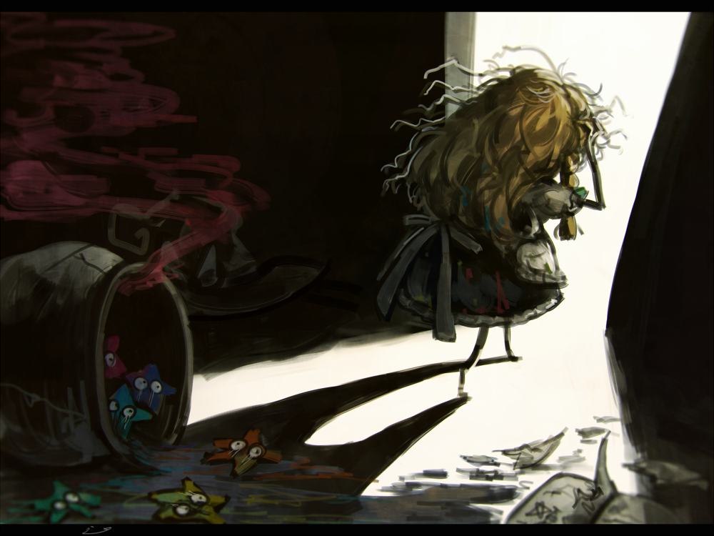 1girl, black_dress, blonde_hair, cauldron, child, crying, dress, eyes