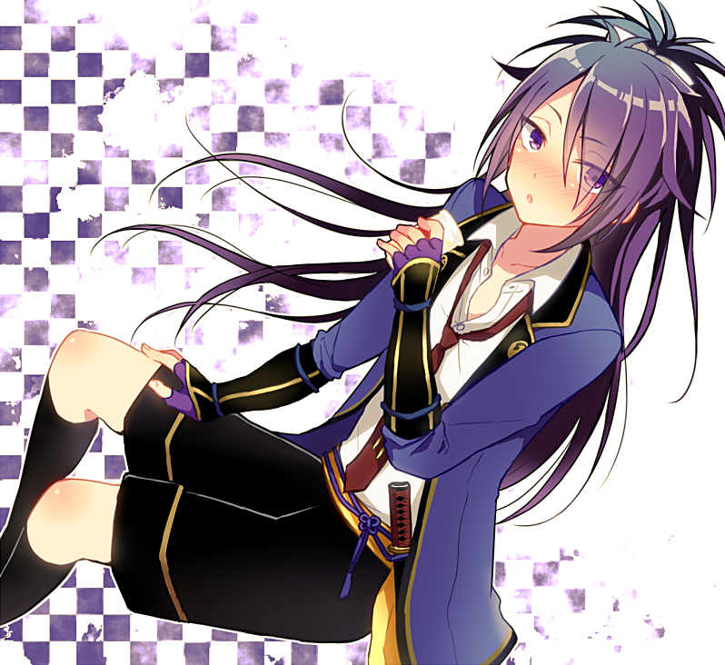 1boy, aina123, blush, checkered, checkered_background, fudou_yukimitsu, hand_on_own_knee, male_focus
