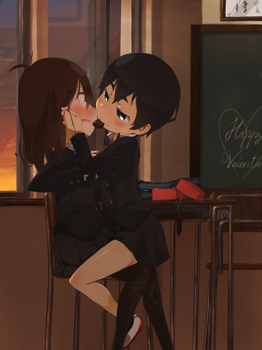 2girls, absurdres, black_hair, black_legwear, blazer, blue_eyes, blush, brown_hair, chair, chocolate, desk, ei_(ss4), eye_contact, hand_on_another's_cheek, hand_on_another's_face, highres, long_hair, looking_at_another, mouth_hold, multiple_girls, open_mouth, original, pantyhose, school_uniform, shoes, short_hair, sitting, sitting_on_person, skirt, smile, straddling, uwabaki, valentine, yuri