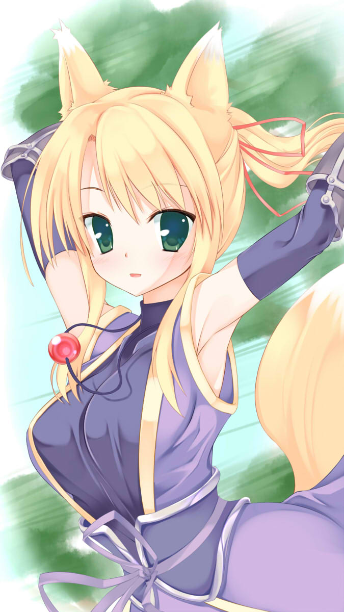 1girl, animal_ears, armpits, blonde_hair, blush, breasts, dog_days, fox_ears