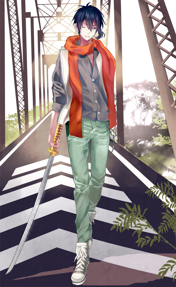 1boy, black_hair, blue_eyes, cardigan, chain, contemporary, denim, jeans