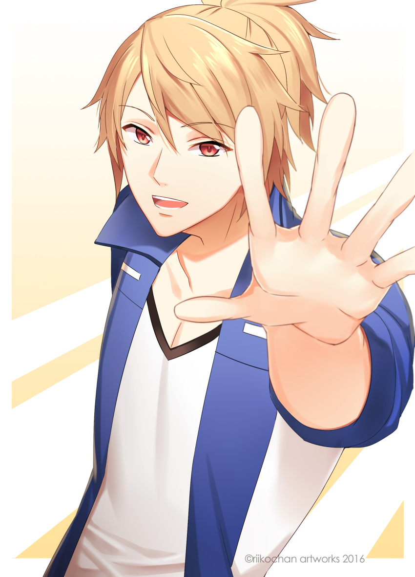 1boy, 2016, absurdres, artist_name, blonde_hair, happy, highres, looking_at_viewer
