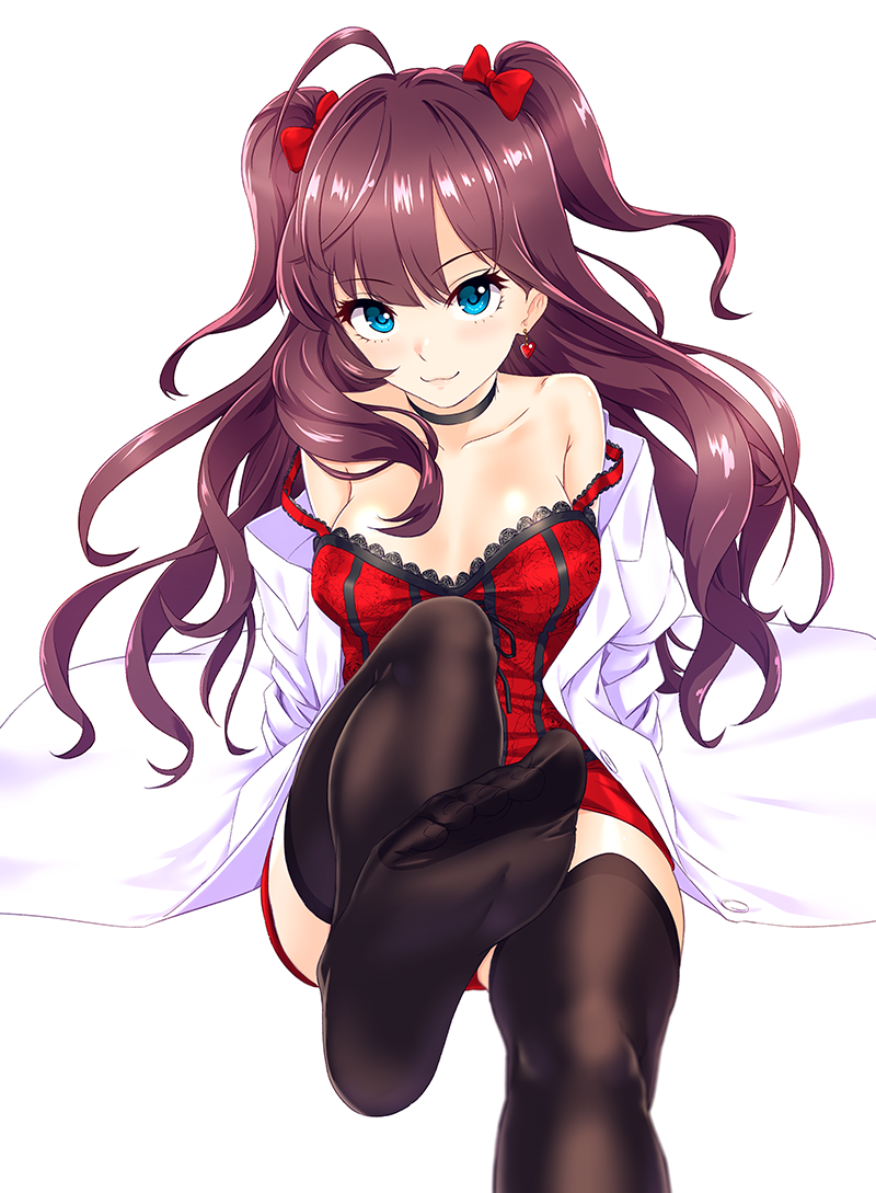 1girl, :3, ahoge, black_legwear, blue_eyes, blush, bow, breasts