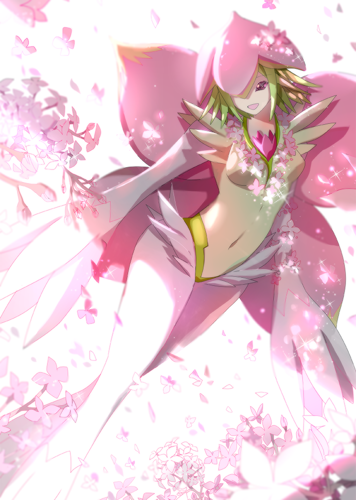 1girl, cherry_blossoms, digimon, green_hair, lilamon, short_hair, smile, solo