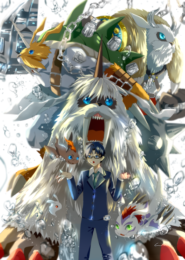 1boy, blue_eyes, digimon, digimon_adventure, digimon_adventure_tri., digivice, gomamon, green_eyes