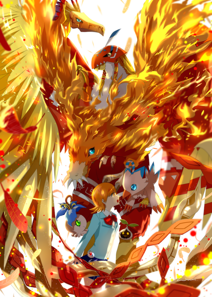 1girl, armor, bird, birdramon, biyomon, blue_eyes, brown_hair, digimon