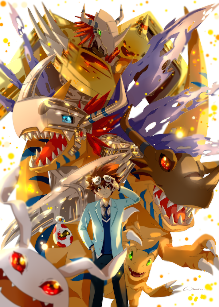 1boy, agumon, armor, blue_eyes, botamon, brown_eyes, brown_hair, claws