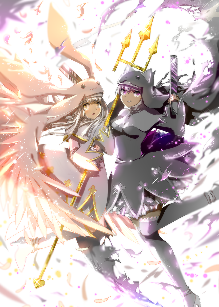 2girls, digimon, gun, habit, long_hair, looking_at_viewer, multiple_girls, polearm, siblings, sistermon_blanc, sistermon_noir, sisters, smile, thigh-highs, trident, weapon, winni