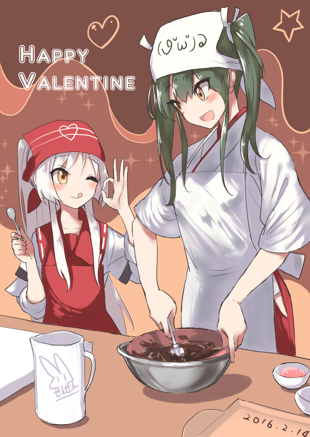 2girls, ;p, alternate_hairstyle, apron, character_request, chocolate, cooking, hair_between_eyes