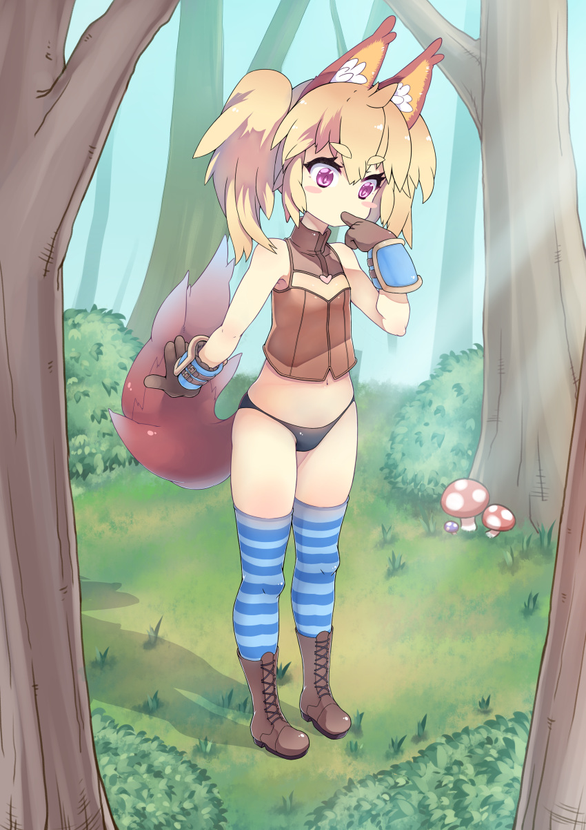 1girl, absurdres, animal_ears, black_panties, blonde_hair, blush_stickers, bokushi, boots, dog_ears, elin_(tera), finger_to_mouth, forest, gloves, highres, long_hair, mushroom, nature, navel, no_pants, outdoors, panties, shirt, sleeveless, sleeveless_shirt, solo, standing, striped, striped_legwear, tail, tera_online, thigh-highs, twintails, underwear, violet_eyes