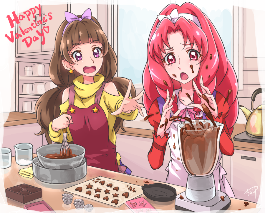2girls, :o, akagi_towa, amanogawa_kirara, apron, bow, brown_hair, chocokin