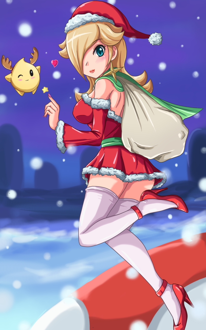 blush, christmas, earring, green_eyes, hair_over_one_eye, high_heel, luma, nail_polish