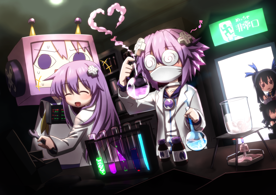 4girls, beaker, black_hair, blush, closed_eyes, d-pad, face_mask, glasses