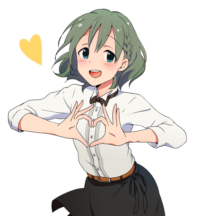 1boy, blush, bow, bowtie, braid, brown_hair, green_eyes, heart