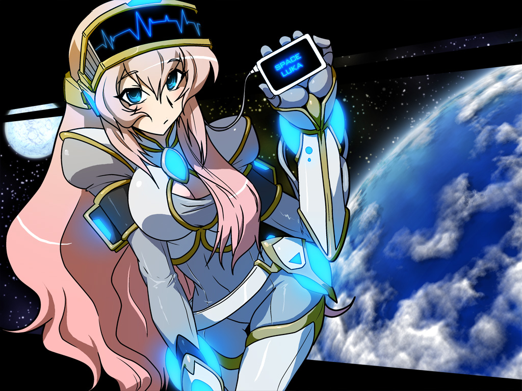 blue_eyes, bodysuit, breasts, cleavage, earth, gloves, long_hair, luli