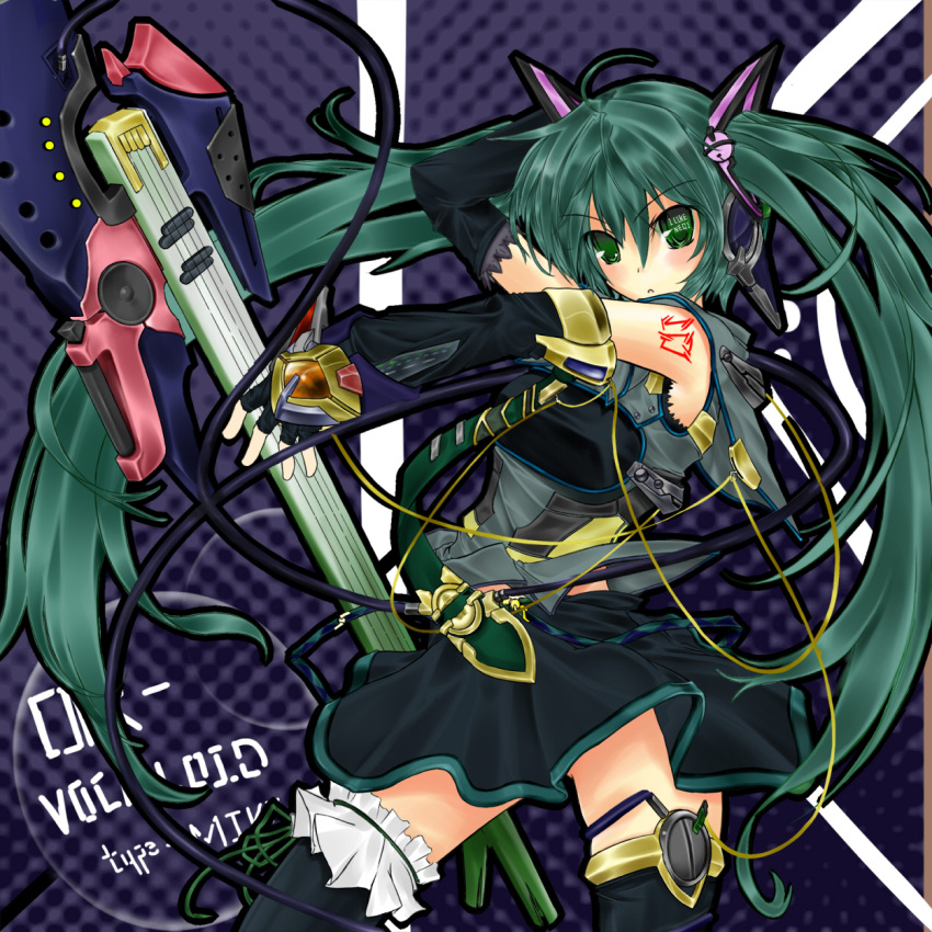 detached_sleeves, fingerless_gloves, gloves, green_eyes, green_hair, hatsune_miku, headphones, highres