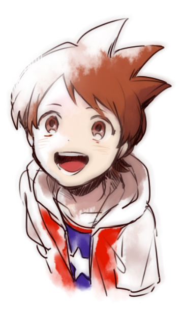 1boy, amano_keita, brown_eyes, brown_hair, hood, hooded_jacket, jacket, male_focus, open_clothes, open_jacket, open_mouth, overexposure, short_hair, sketch, solo, star, upper_body, wa_(wakana), white_background, youkai_watch