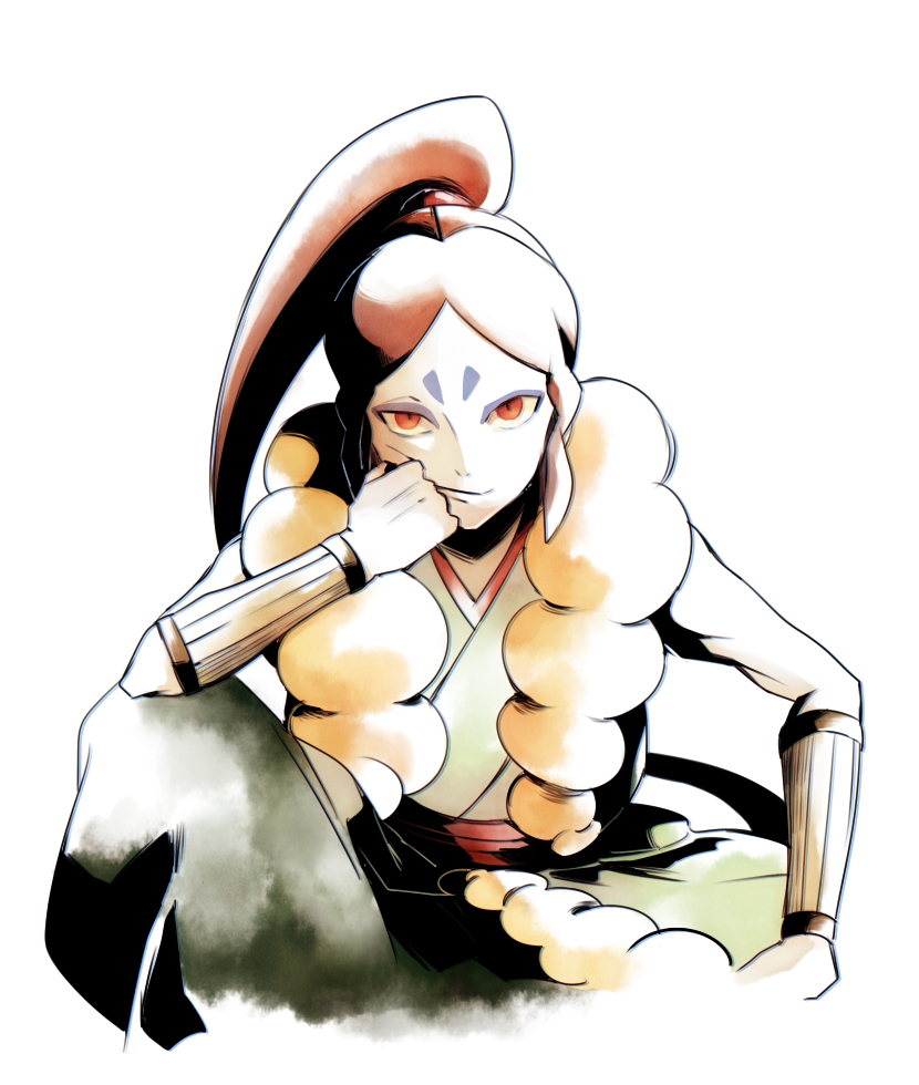 1boy, brown_hair, high_ponytail, japanese_clothes, long_hair, looking_at_viewer, male_focus, oogama_(youkai_watch), overexposure, red_eyes, sitting, sleeveless, solo, wa_(wakana), white_background, yellow_sclera, youkai, youkai_watch