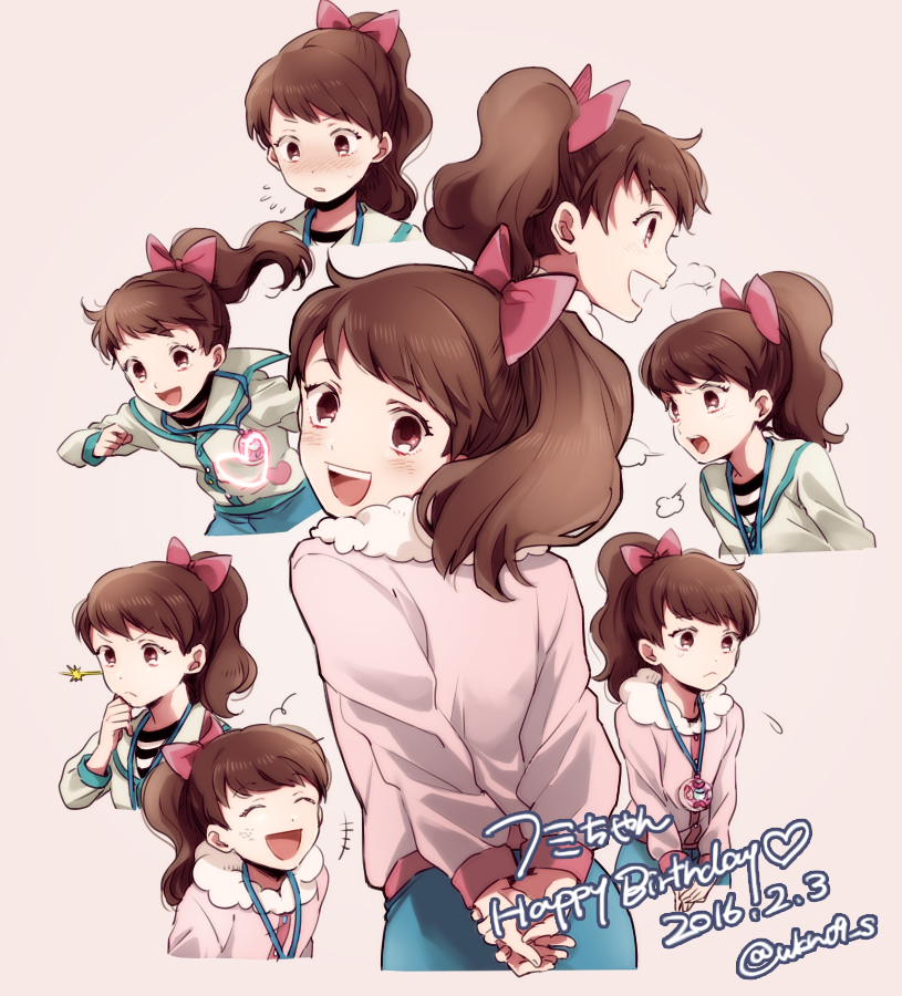 1girl, blush, brown_eyes, brown_hair, closed_eyes, dated, from_behind, frown, happy_birthday, heart, high_ponytail, kodama_fumika, long_hair, looking_at_viewer, looking_back, open_mouth, pendant_watch, simple_background, solo, upper_body, wa_(wakana), watch, youkai_watch, youkai_watch_(object)