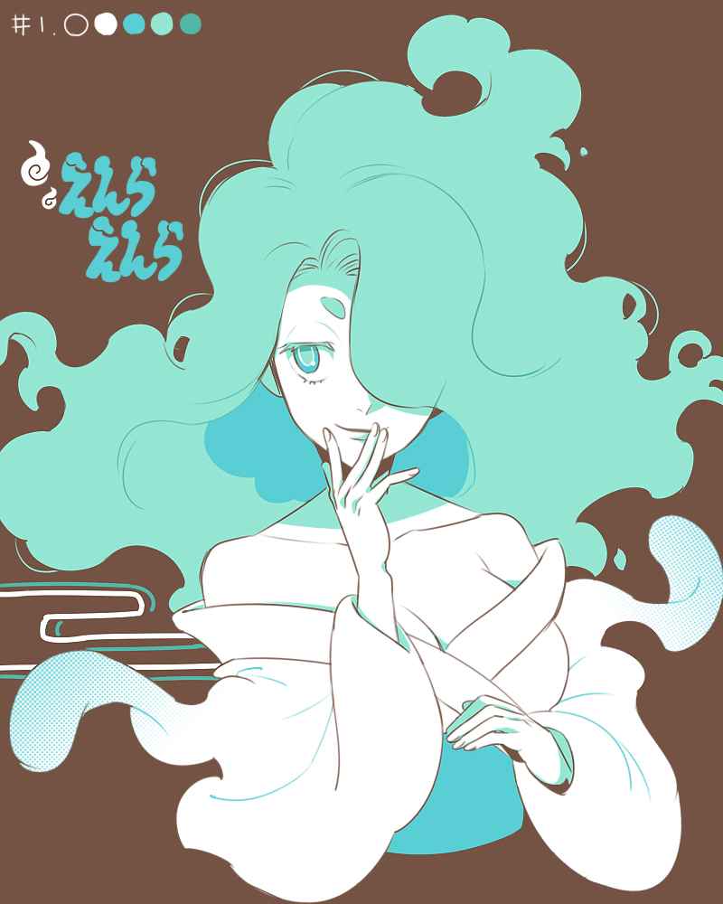 1girl, breasts, brown_background, character_name, cleavage, color_guide, egasumi, enraenra_(youkai_watch)