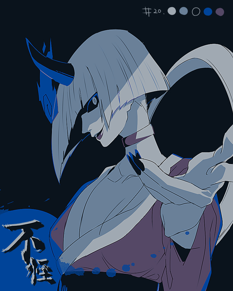 1girl, bangs, black_background, blunt_bangs, breasts, character_name, choker, collarbone