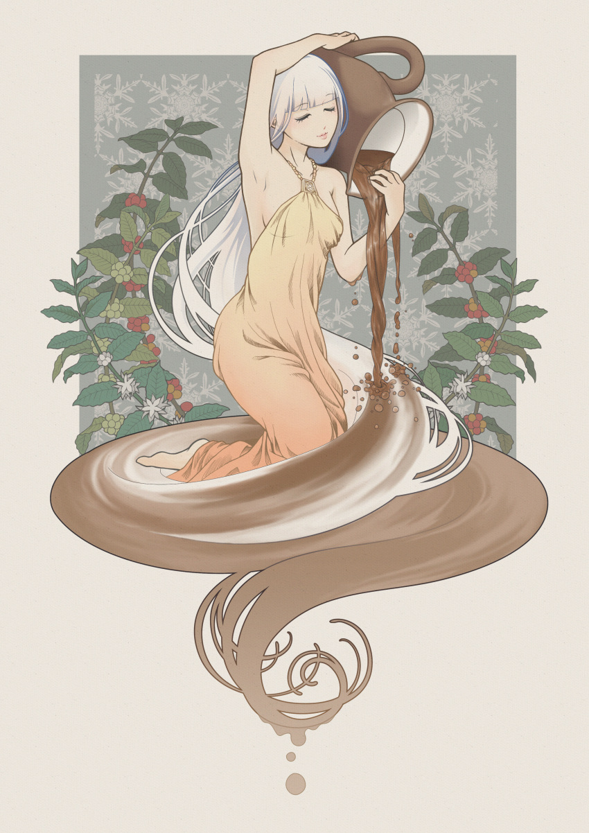 1girl, absurdres, ami_(kawasemidori), bangs, bare_shoulders, breasts, closed_eyes, coffee