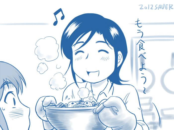 2012, 2girls, artist_name, blush, cooking_pot, eyes, fish, kabu_no_isaki