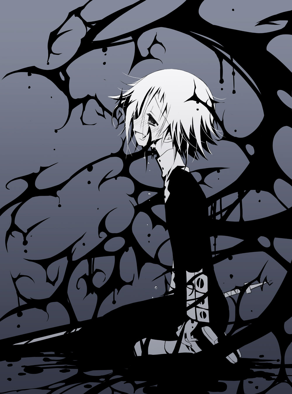 androgynous, blue_background, highres, makenshi_chrona, monochrome, ragnarok_(demon_sword), sad, sakurazawa_izumi