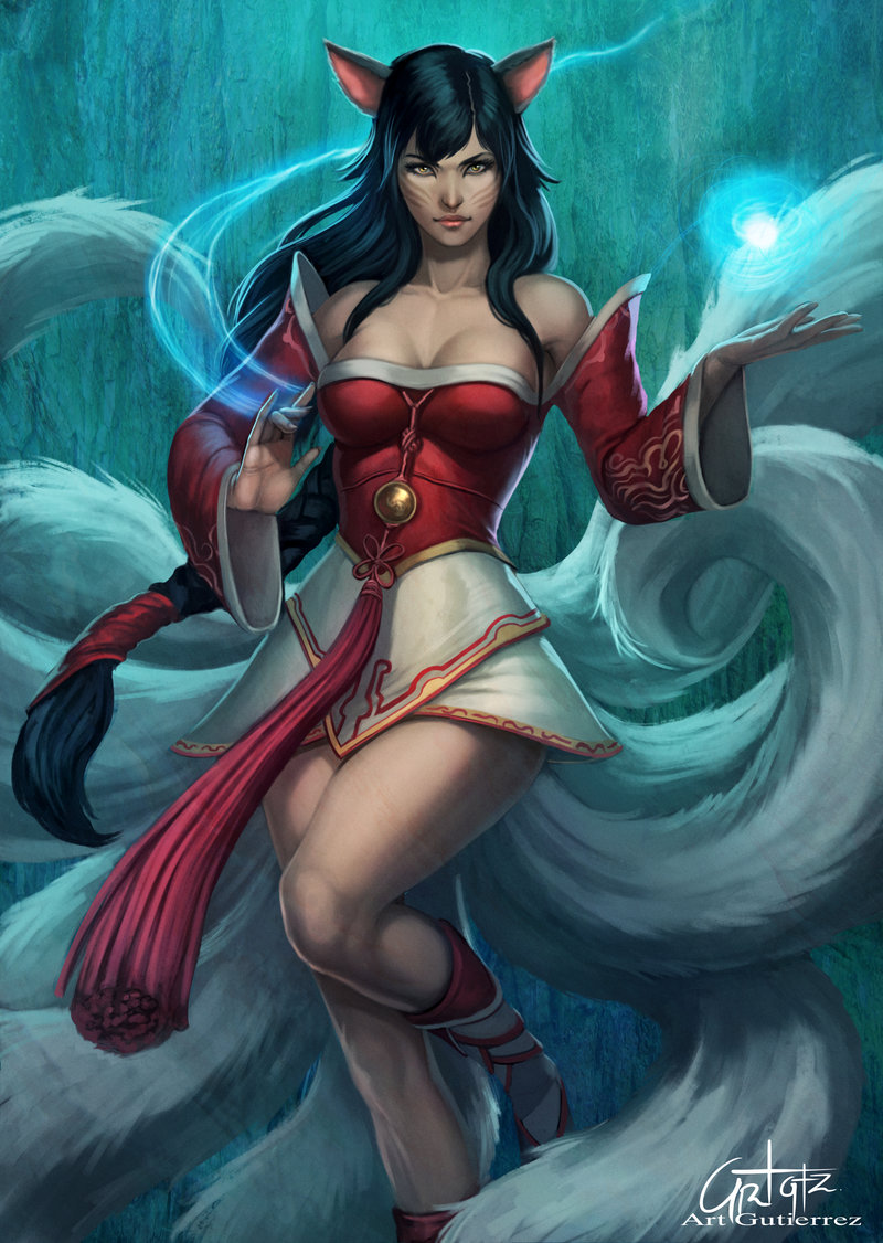 1girl, ahri, animal_ears, arturo_z._gutierrez, bare_shoulders, black_hair, braid, breasts
