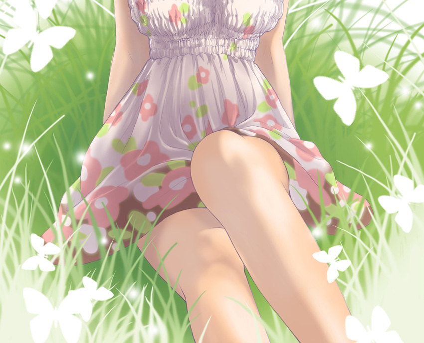 1girl, ami_(kawasemidori), bare_legs, butterfly, dress, floral_print, grass, head_out_of_frame