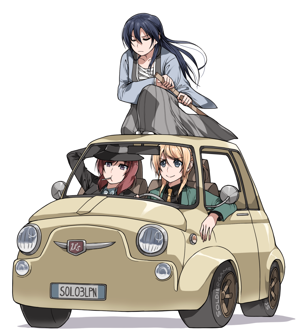 3girls, arsene_lupin_iii_(cosplay), ayase_eli, blonde_hair, blue_eyes, blue_hair, car, clipe