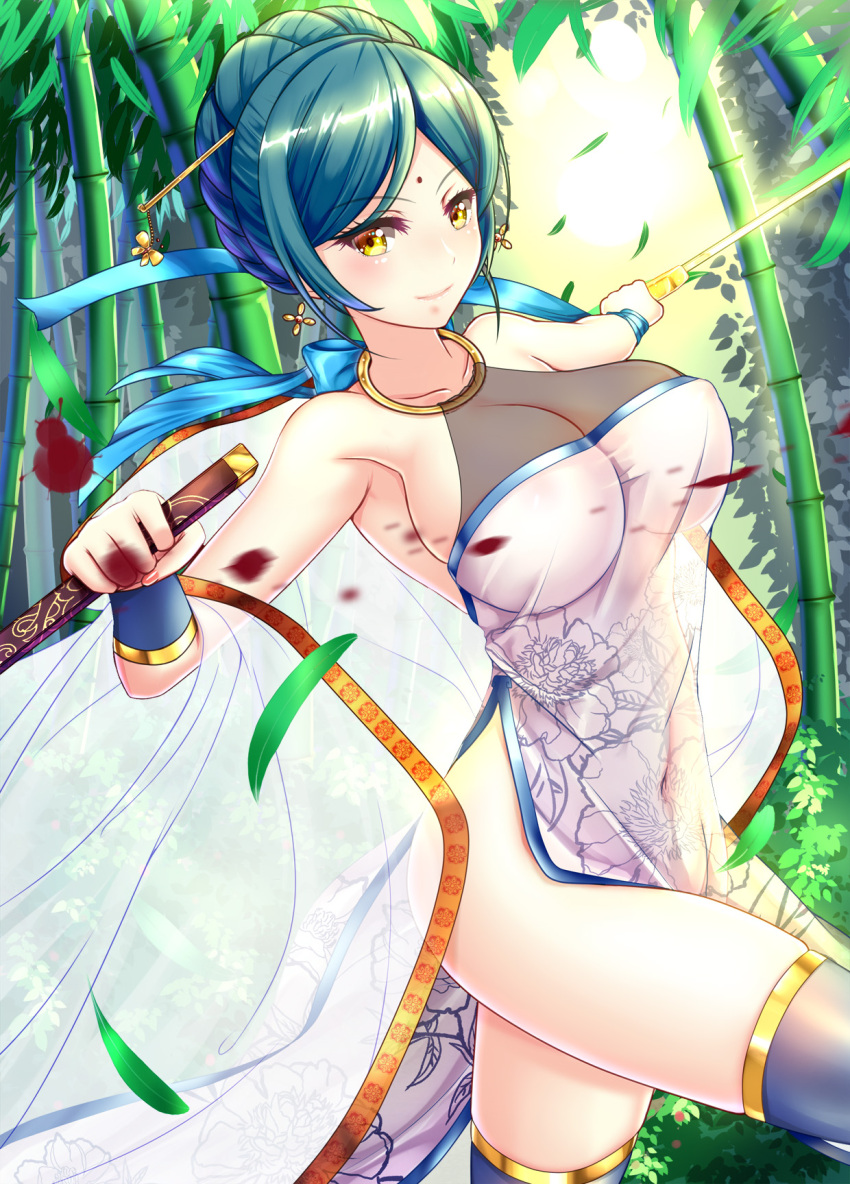 1girl, attack, bamboo, bamboo_forest, black_legwear, blood, blood_splatter, blue_hair