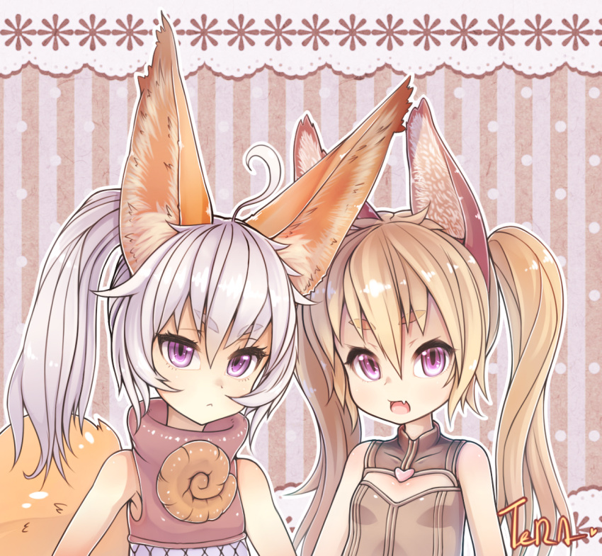 2girls, :<, animal_ears, bokushi, brown_hair, dog_ears, elin_(tera), fang