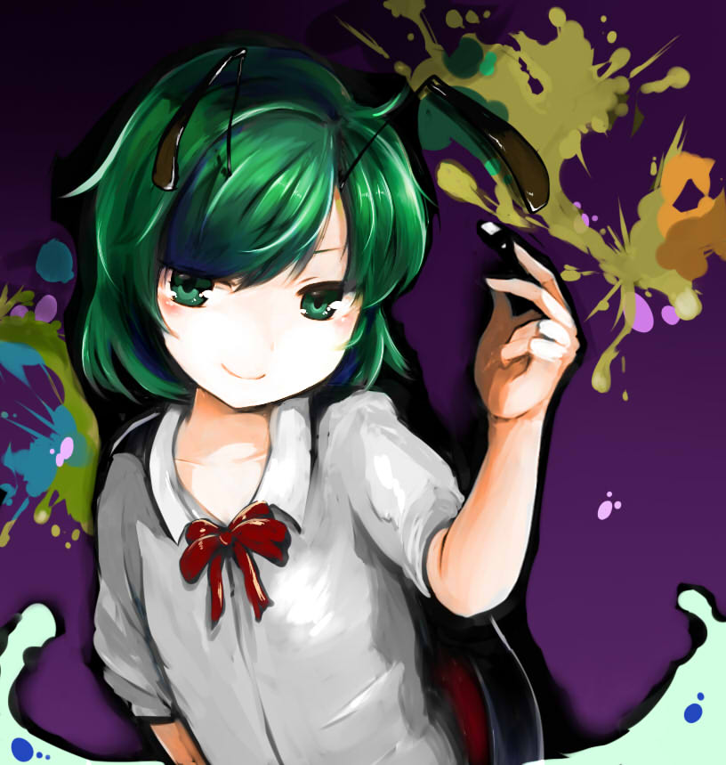 1860_(ichi), antennae, aqua_eyes, bow, bowtie, cape, dress_shirt, green_hair, shirt, short_hair, smile, touhou, wriggle_nightbug