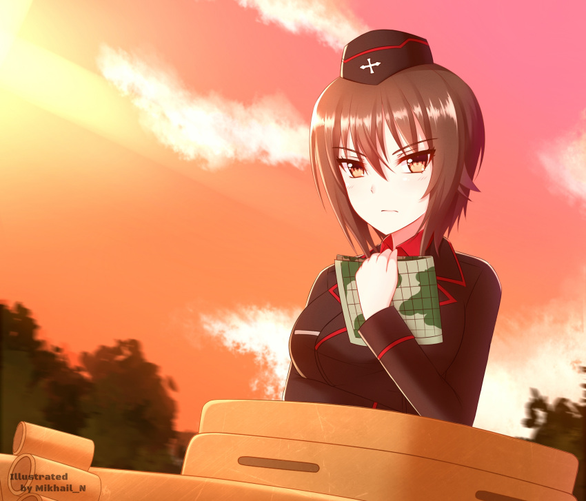 1girl, brown_eyes, brown_hair, girls_und_panzer, hat, highres, mikhail_n, military