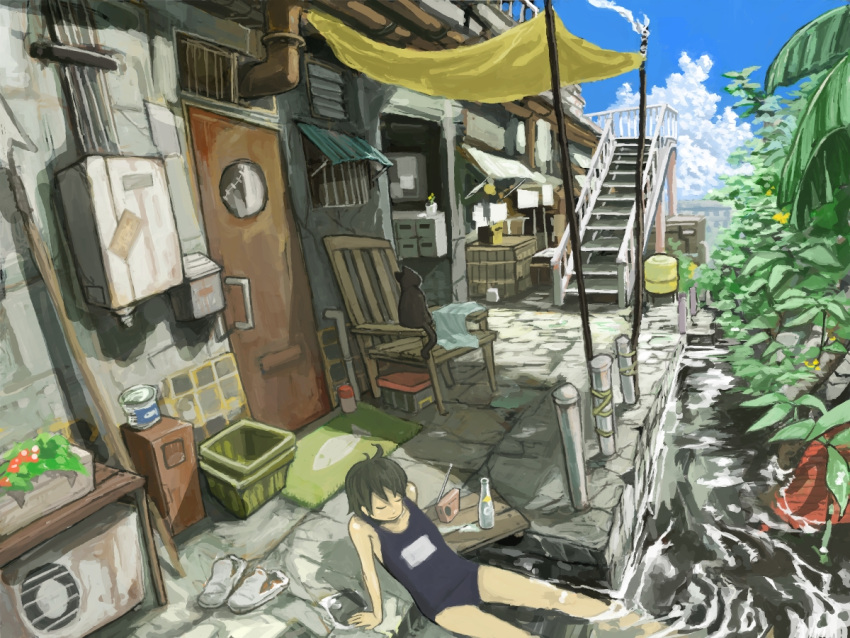 bottle, brown_hair, cat, child, closed_eyes, mo-mo-ride, one-piece_swimsuit, original