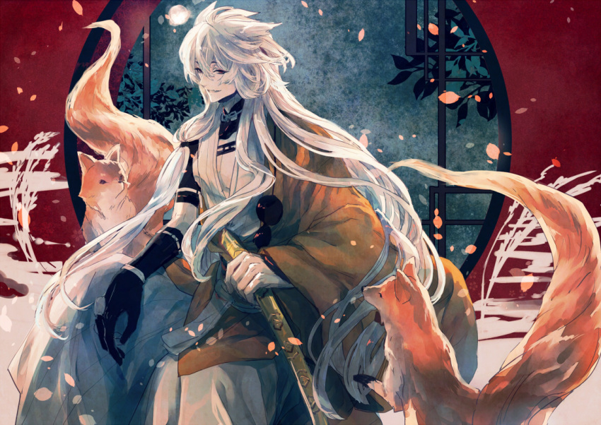 1boy, fang, fox, japanese_clothes, kogitsunemaru, long_hair, male_focus, nakiha
