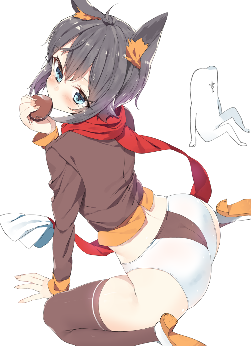 1girl, animal_ears, arm_support, ass, black_hair, blue_eyes, chocolate, chocolate_heart