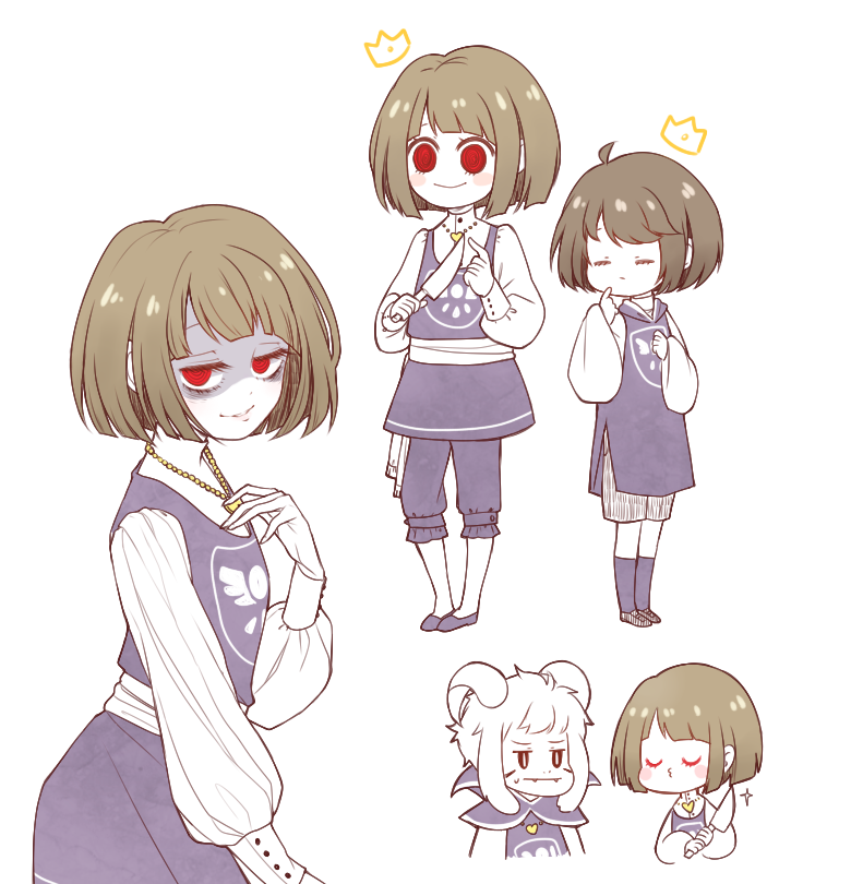 1boy, alternate_costume, androgynous, asriel_dreemurr, blush_stickers, brown_hair, chara_(undertale), closed_eyes
