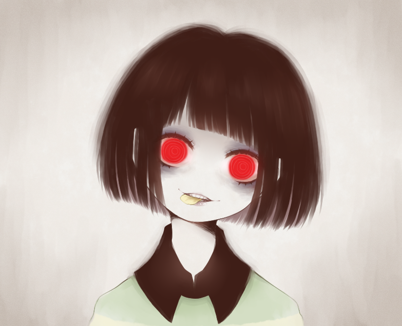 androgynous, brown_hair, chara_(undertale), collared_shirt, crazy_eyes, eleanor, flower_in_mouth, head_tilt