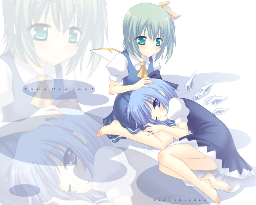 barefoot, blue_eyes, blue_hair, cirno, daiyousei, feet, green_eyes, green_hair