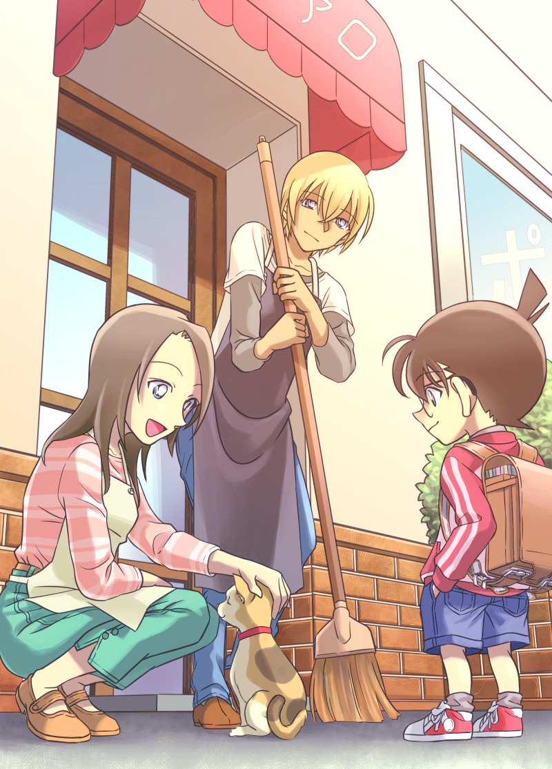 1girl, 2boys, :d, amuro_tooru, apron, backpack, bag, blonde_hair