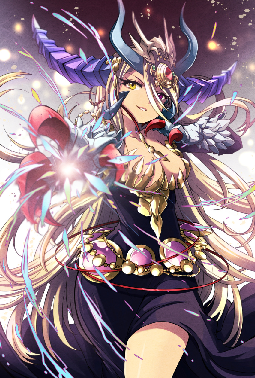 1girl, blonde_hair, breasts, claws, cleavage, dress, foreshortening, grin, heterochromia, highres, horns, long_hair, pikomarie, puzzle_&amp;_dragons, smile, solo, sonia_gran_reverse, standing, very_long_hair, violet_eyes, yellow_eyes