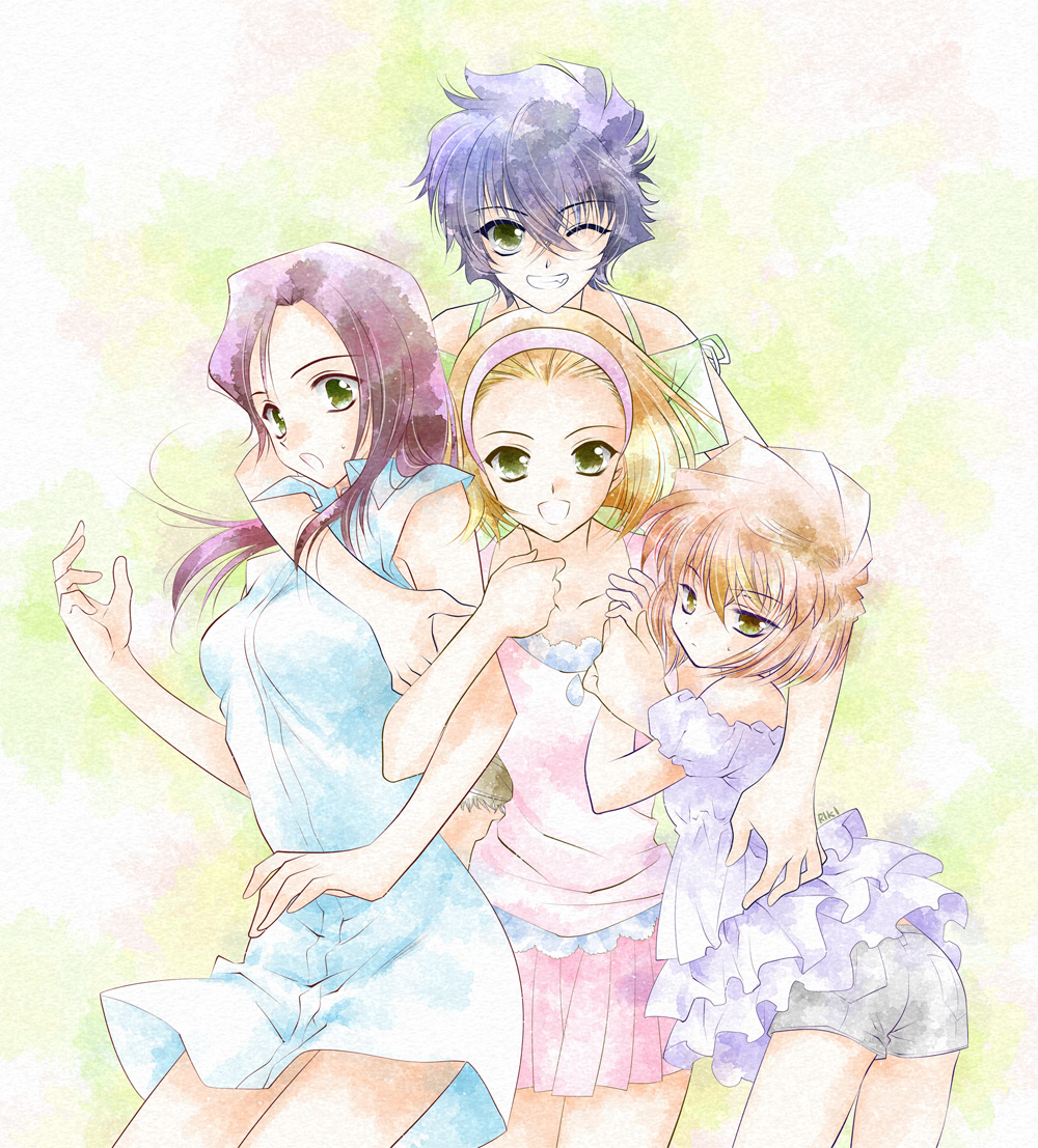 4girls, black_hair, brown_hair, cowboy_shot, enomoto_azusa, green_eyes, haibara_ai, hairband