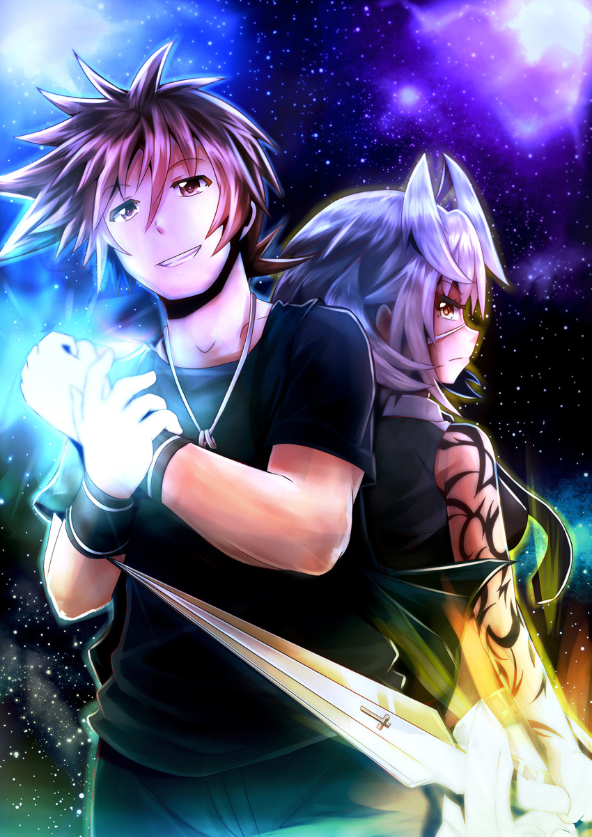1boy, 1girl, arkfield, back-to-back, blade, cross, glowing, glowing_hand