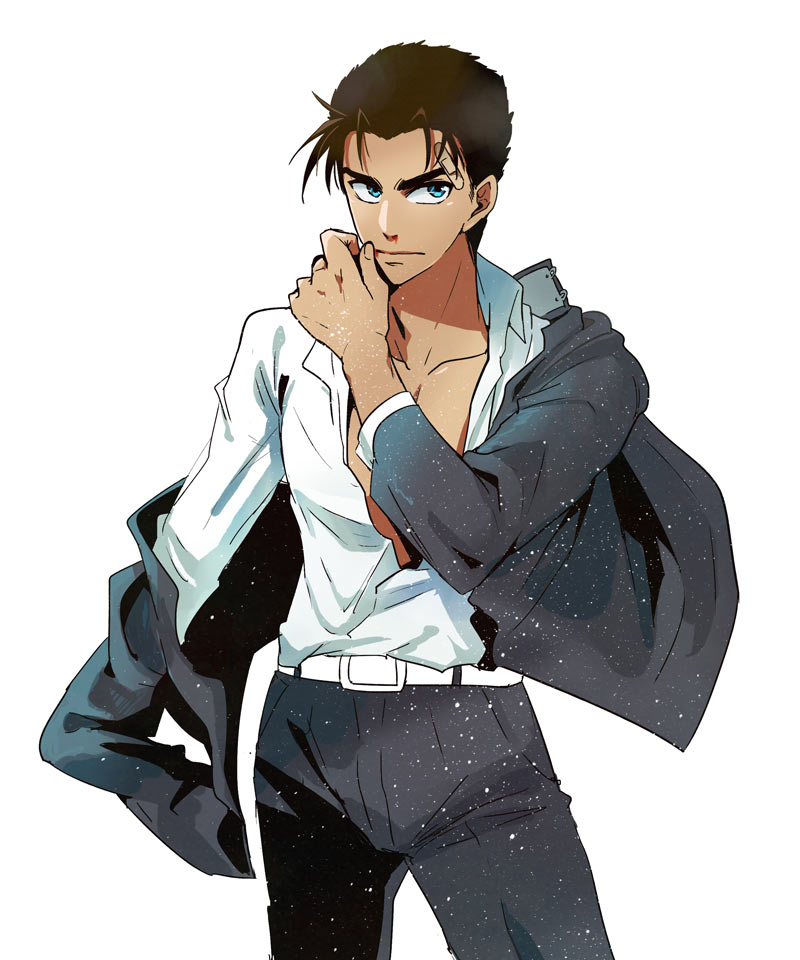 1boy, akikoke, bandages, belt, black_hair, black_pants, blue_eyes, cowboy_shot