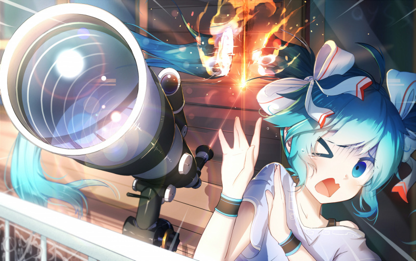 1girl, aqua_eyes, aqua_hair, bai_yemeng, burning_hair, hair_ribbon, hatsune_miku, long_hair