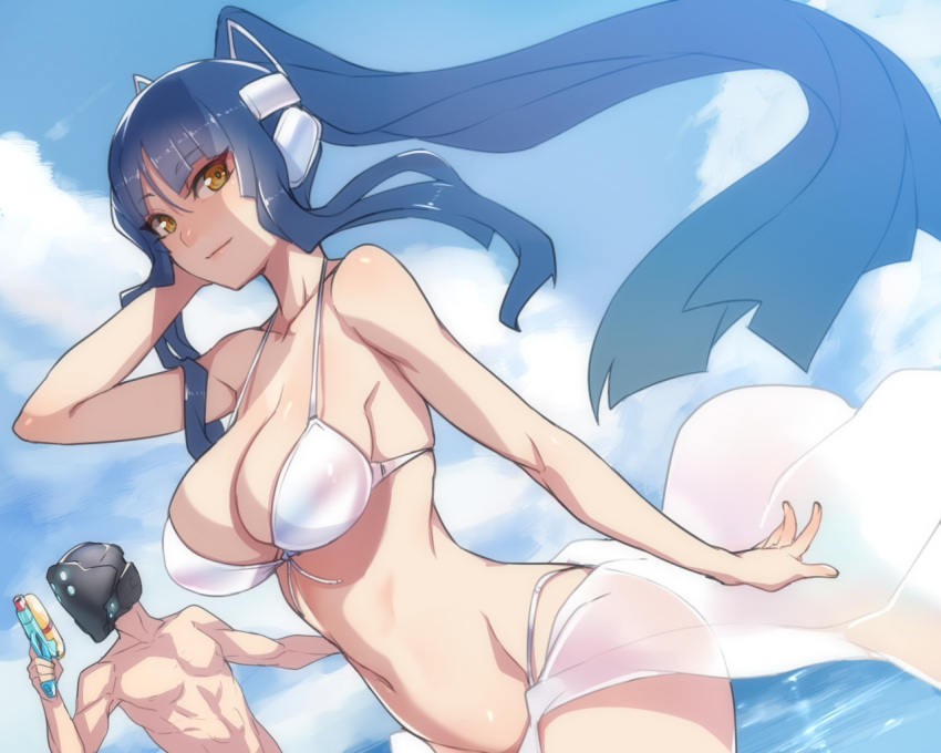 1boy, 1girl, ban, bikini, blue_hair, breasts, cleavage, clouds